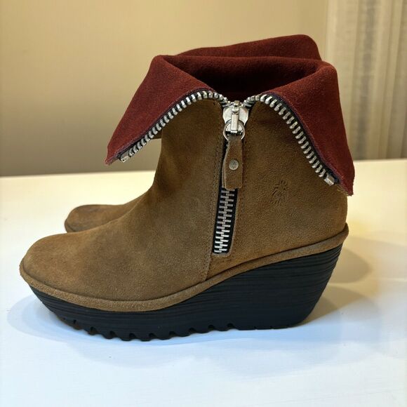 Fly London Yex Leather Suede Fold‎ Over Wedge Boots Booties US Size 7.5 - Picture 2 of 12